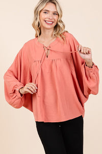 Vintage Coral Airflow Tie Detail Balloon Long Sleeve Blouse