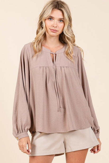 Taupe Airflow Tie Detail Balloon Long Sleeve Blouse