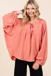 Vintage Coral Airflow Tie Detail Balloon Long Sleeve Blouse