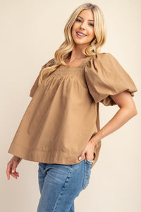 Beige Smocked Short Puff Sleeve Top