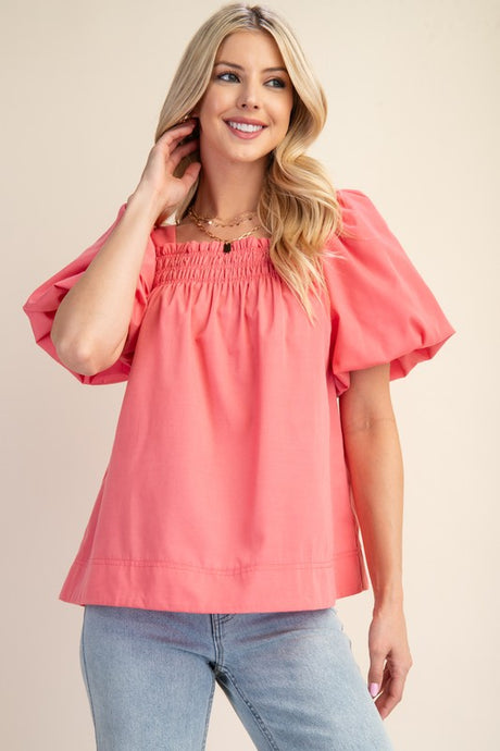 Coral Smocked Short Puff Sleeve Top