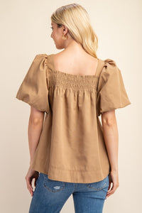 Beige Smocked Short Puff Sleeve Top