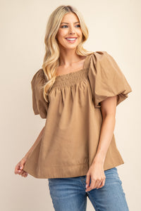 Beige Smocked Short Puff Sleeve Top