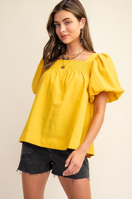 Mustard Smocked Short Puff Sleeve Top