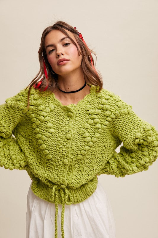 Lemon Grass Hand Crochet Tufted Dot Cable Knit Cardigan