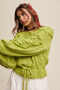 Lemon Grass Hand Crochet Tufted Dot Cable Knit Cardigan