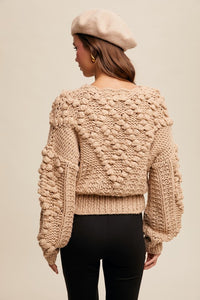 Taupe Hand Crochet Tufted Dot Cable Knit Cardigan