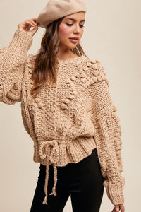 Taupe Hand Crochet Tufted Dot Cable Knit Cardigan