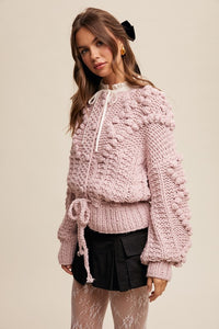 Blush Hand Crochet Tufted Dot Cable Knit Cardigan