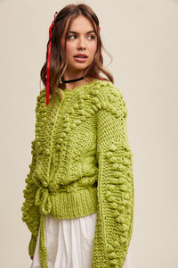 Lemon Grass Hand Crochet Tufted Dot Cable Knit Cardigan