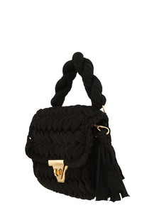 Black Woven Knitted Handbag with Tassel Charm