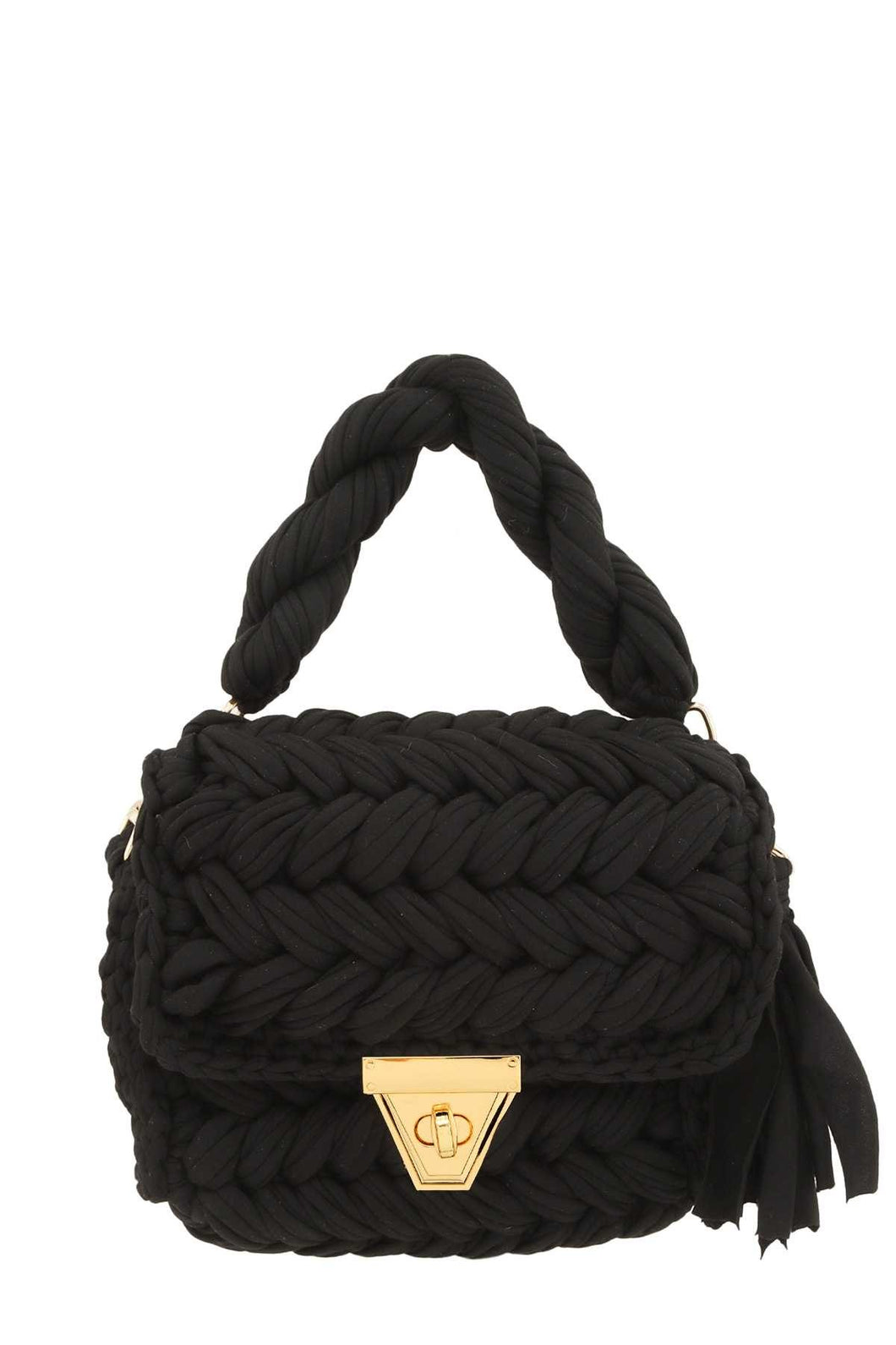 Black Woven Knitted Handbag with Tassel Charm