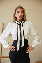 White/Black Neck Tie Attached Blouse Detail Dress