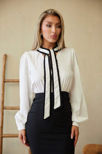 White/Black Neck Tie Attached Blouse Detail Dress