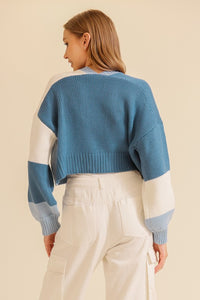 Blue Combo Color Block Open Front Cardigan