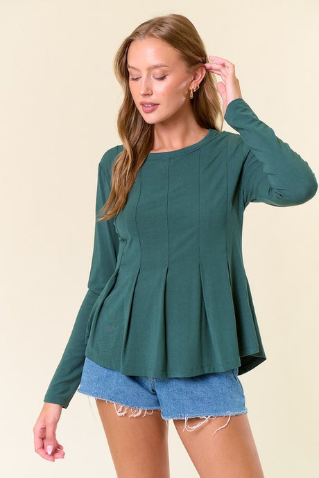 Dk.Hunter Green Soft Fleece Knit Round Neck Pintuck Peplum Top