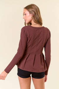 Chocolate Soft Fleece Knit Round Neck Pintuck Peplum Top