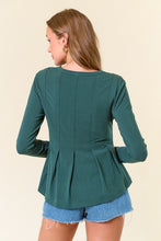 Dk.Hunter Green Soft Fleece Knit Round Neck Pintuck Peplum Top