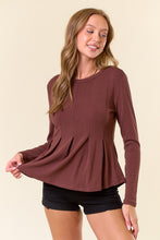 Chocolate Soft Fleece Knit Round Neck Pintuck Peplum Top