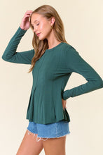 Dk.Hunter Green Soft Fleece Knit Round Neck Pintuck Peplum Top