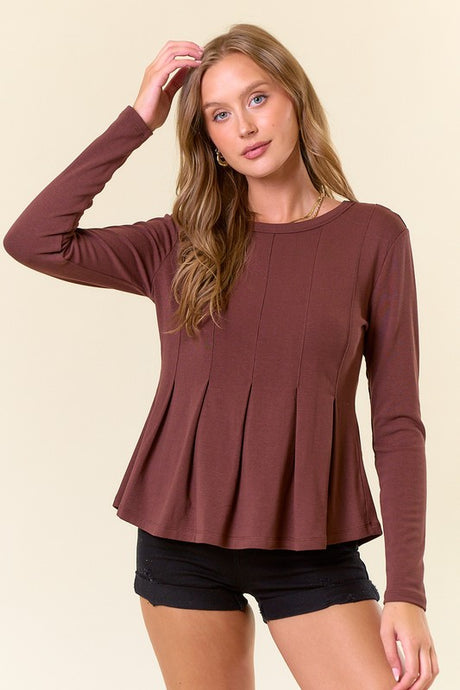 Chocolate Soft Fleece Knit Round Neck Pintuck Peplum Top