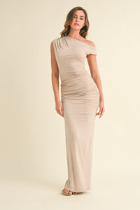 Lt Taupe Asymmetric Off Shoulder Ruched Maxi Dress