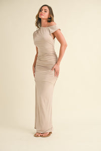 Lt Taupe Asymmetric Off Shoulder Ruched Maxi Dress