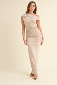 Lt Taupe Asymmetric Off Shoulder Ruched Maxi Dress