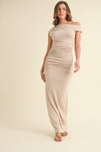 Lt Taupe Asymmetric Off Shoulder Ruched Maxi Dress