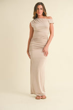 Lt Taupe Asymmetric Off Shoulder Ruched Maxi Dress