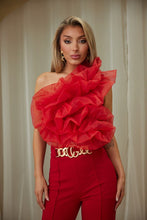 Red Scrunched Fluff Ball Knit Half Shoulder Top