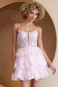 Blush Skinny Straps Glitter Sequin Tier Short Dress