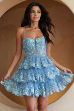 Vintage Blue Skinny Straps Glitter Sequin Tier Short Dress