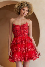 Red Skinny Straps Glitter Sequin Tier Short Dress