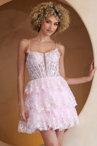 Blush Skinny Straps Glitter Sequin Tier Short Dress