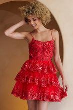 Red Skinny Straps Glitter Sequin Tier Short Dress