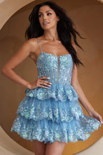 Vintage Blue Skinny Straps Glitter Sequin Tier Short Dress