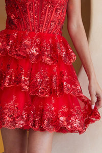 Red Skinny Straps Glitter Sequin Tier Short Dress