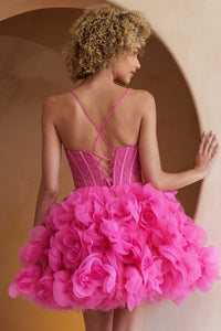 Pink 3D Floral Ruffle Bustier Corset Cocktail Dress