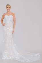 White Sweetheart Bustier Illusion Top Chapel Train Wedding Gown