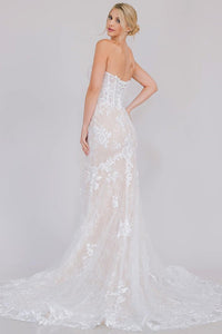 White Sweetheart Bustier Illusion Top Chapel Train Wedding Gown