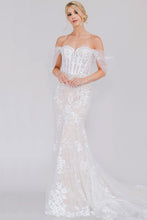 White Sweetheart Bustier Illusion Top Chapel Train Wedding Gown