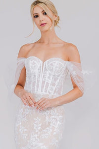 White Sweetheart Bustier Illusion Top Chapel Train Wedding Gown