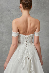 Off White Off-Shoulder Sweetheart Bustier Illusion Top Wedding Gown