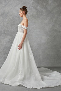 Off White Off-Shoulder Sweetheart Bustier Illusion Top Wedding Gown