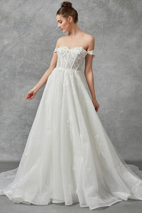 Off White Off-Shoulder Sweetheart Bustier Illusion Top Wedding Gown