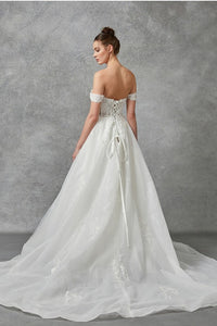 Off White Off-Shoulder Sweetheart Bustier Illusion Top Wedding Gown