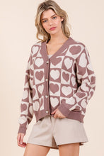 Mocha Checkered Heart Print Knit Sweater Cardigan