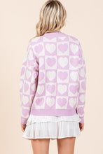 Lilac Checkered Heart Print Knit Sweater Cardigan