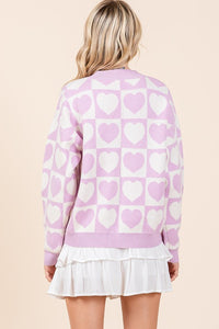 Lilac Checkered Heart Print Knit Sweater Cardigan